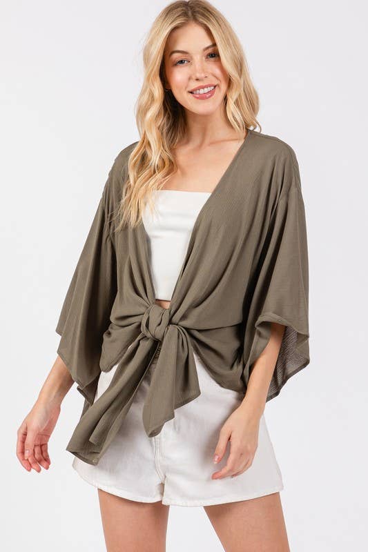 Solid Tie Front Kimono Cardigan