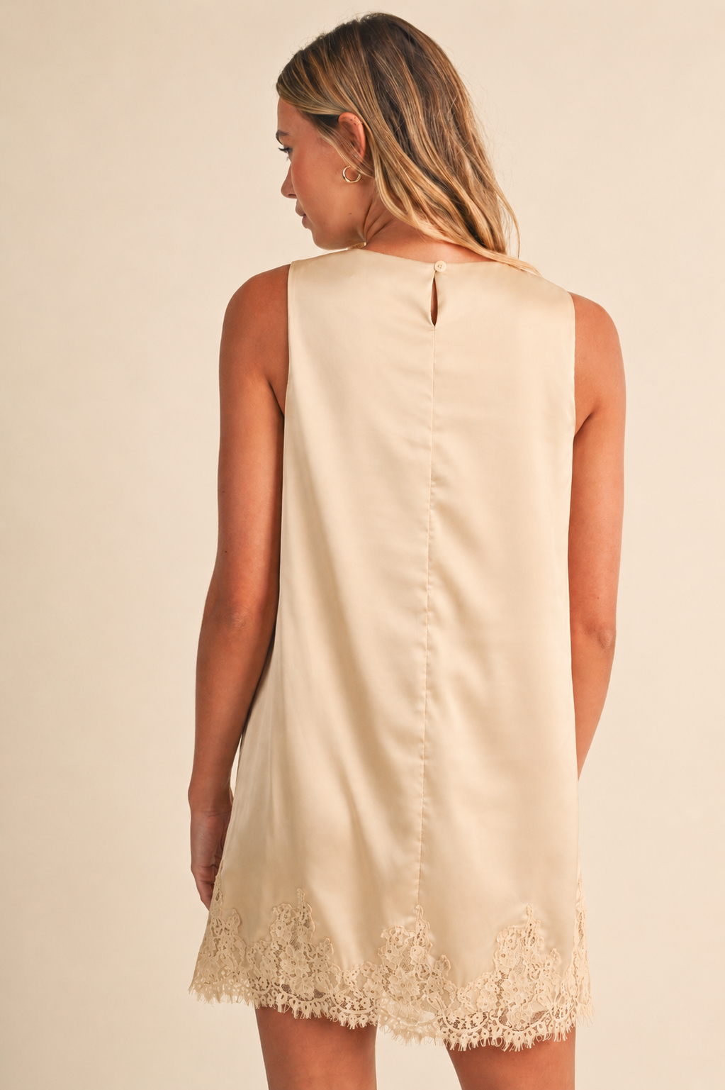 SLEEVELESS SATIN LACE TRIM MINI DRESS