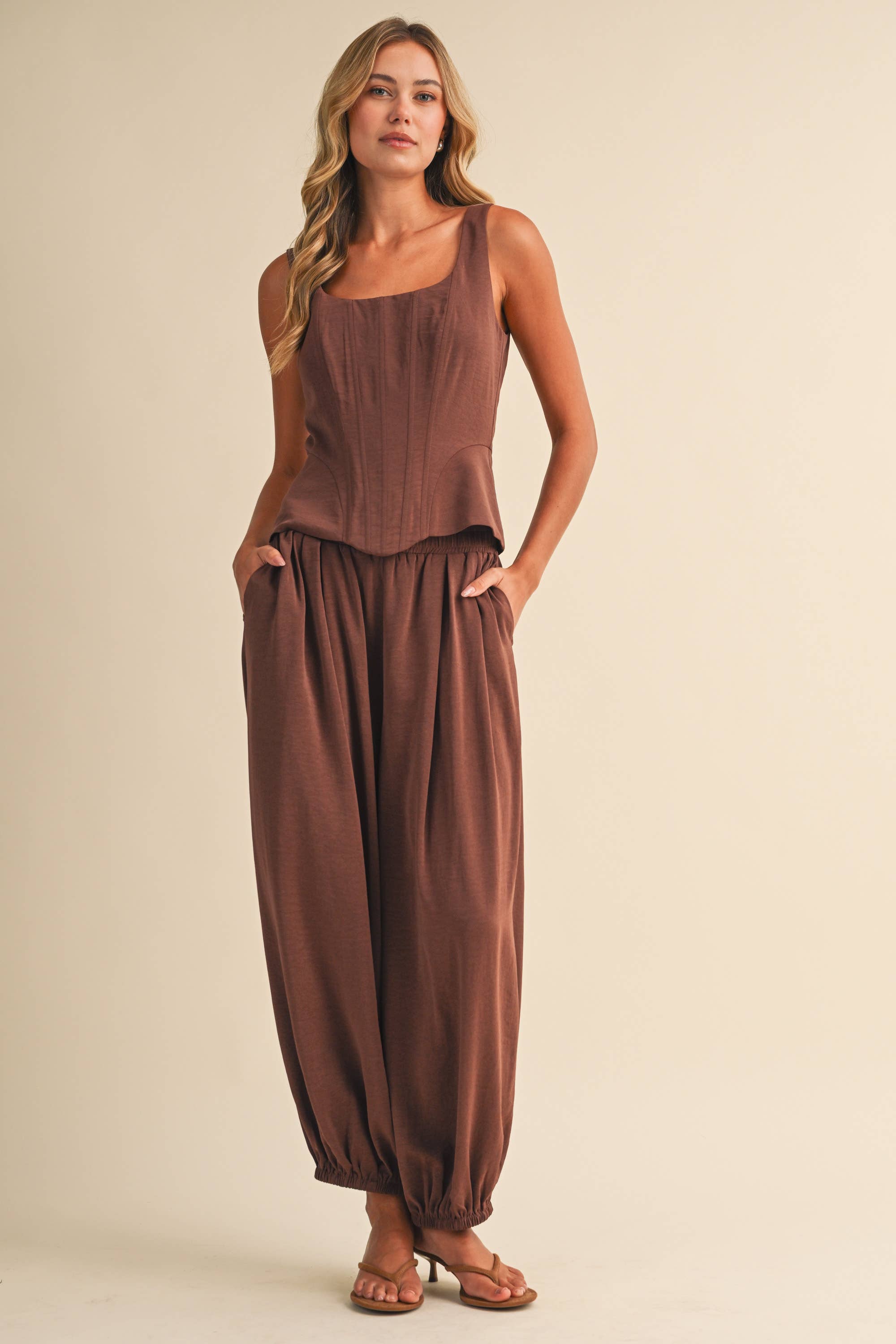 SATIN-LIKE STRUCTURE CORSET TOP AND BALLOON PANTS (sold separately)