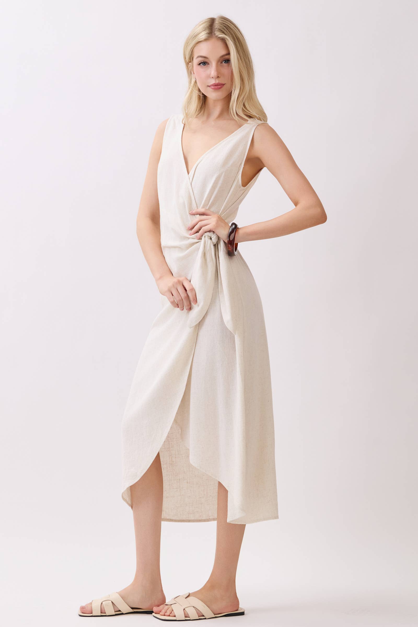 Linen Side Tie Midi Dress