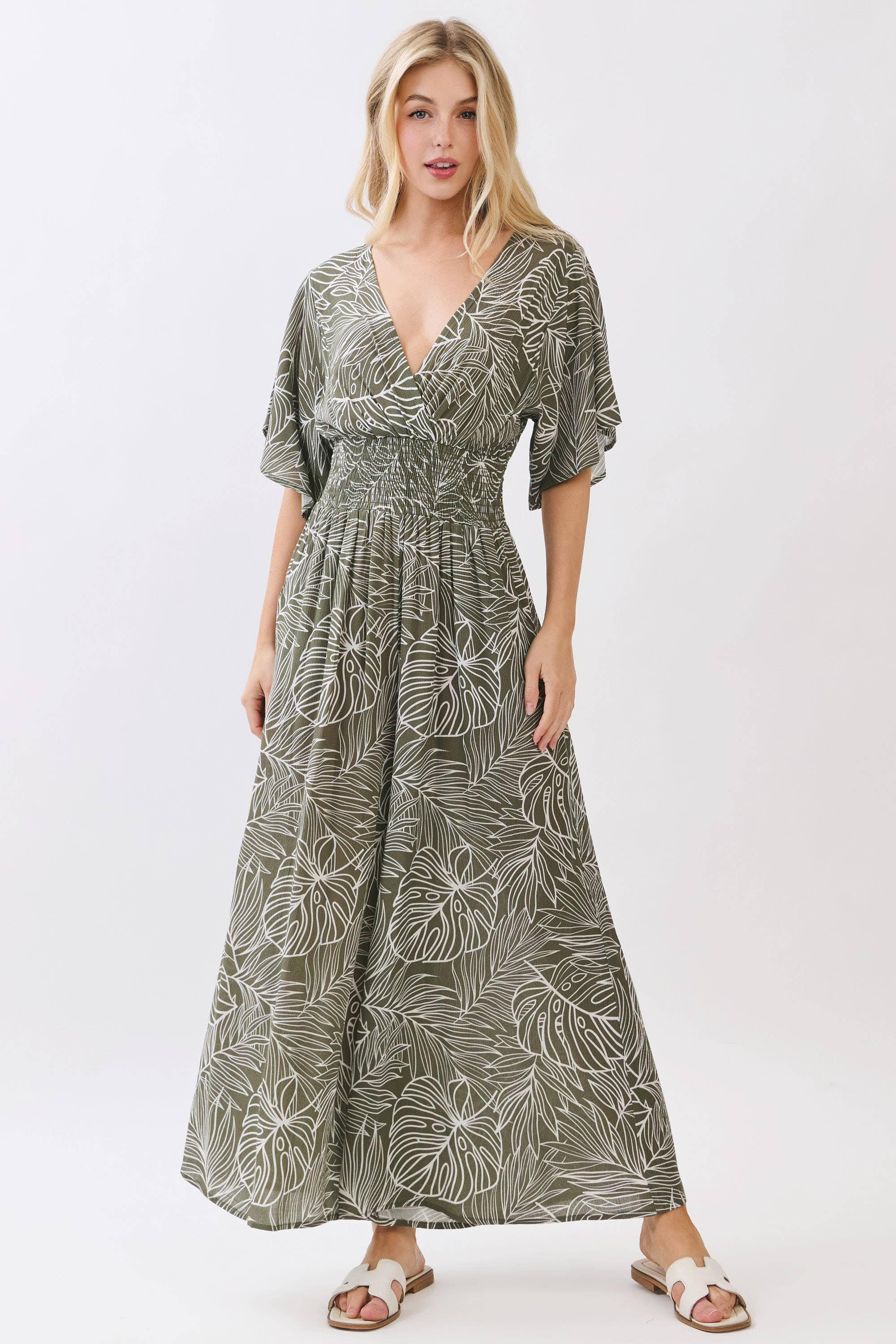 LEAF PRINT SURPLICE WIDE LEG JUMPSUIT