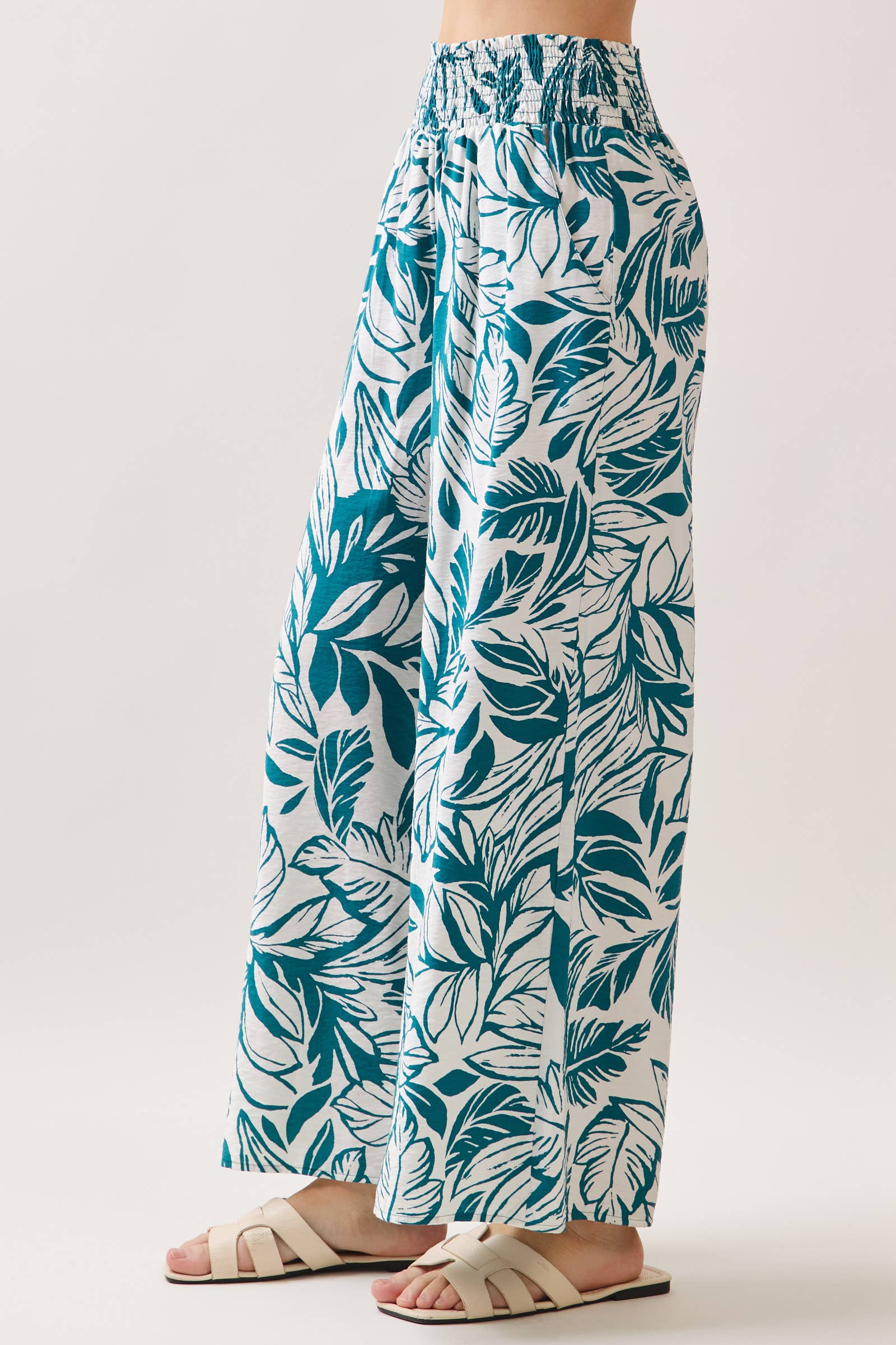 Leaf Print Smock Waist Pants