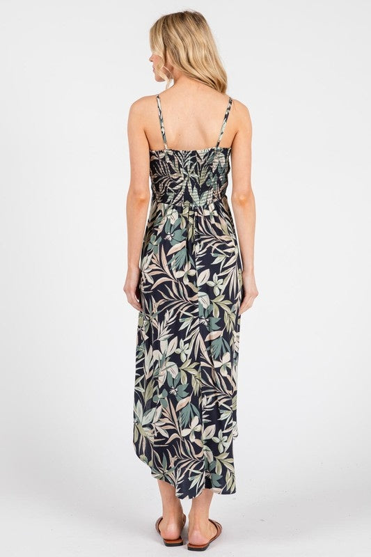 Tropical Print Cinch Tie Midi Dress