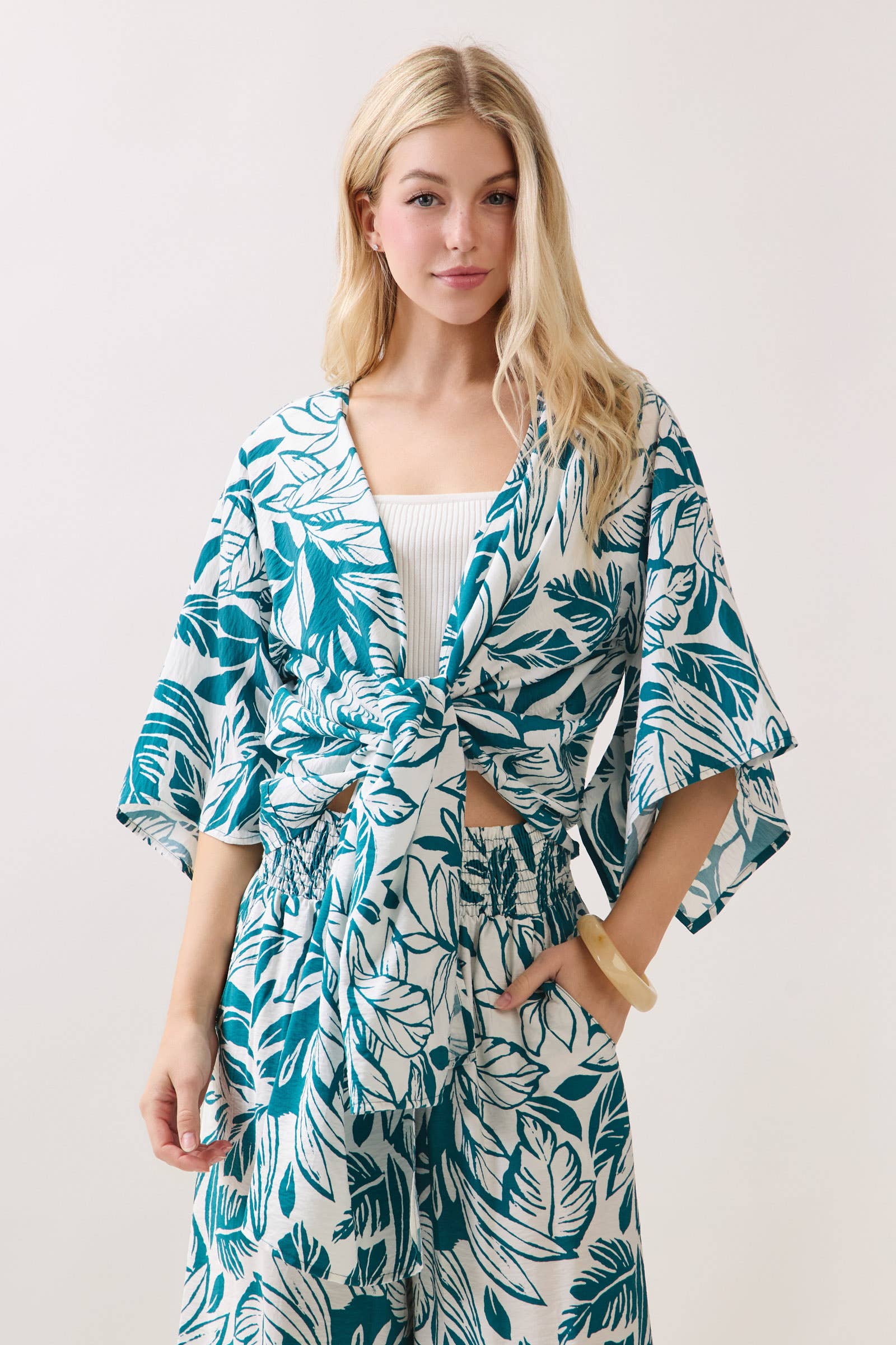 Tropical Print 3/4 Sleeve Tie Front Top