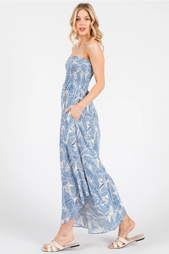 Leaf Print Smock Strapless Jumpsuit