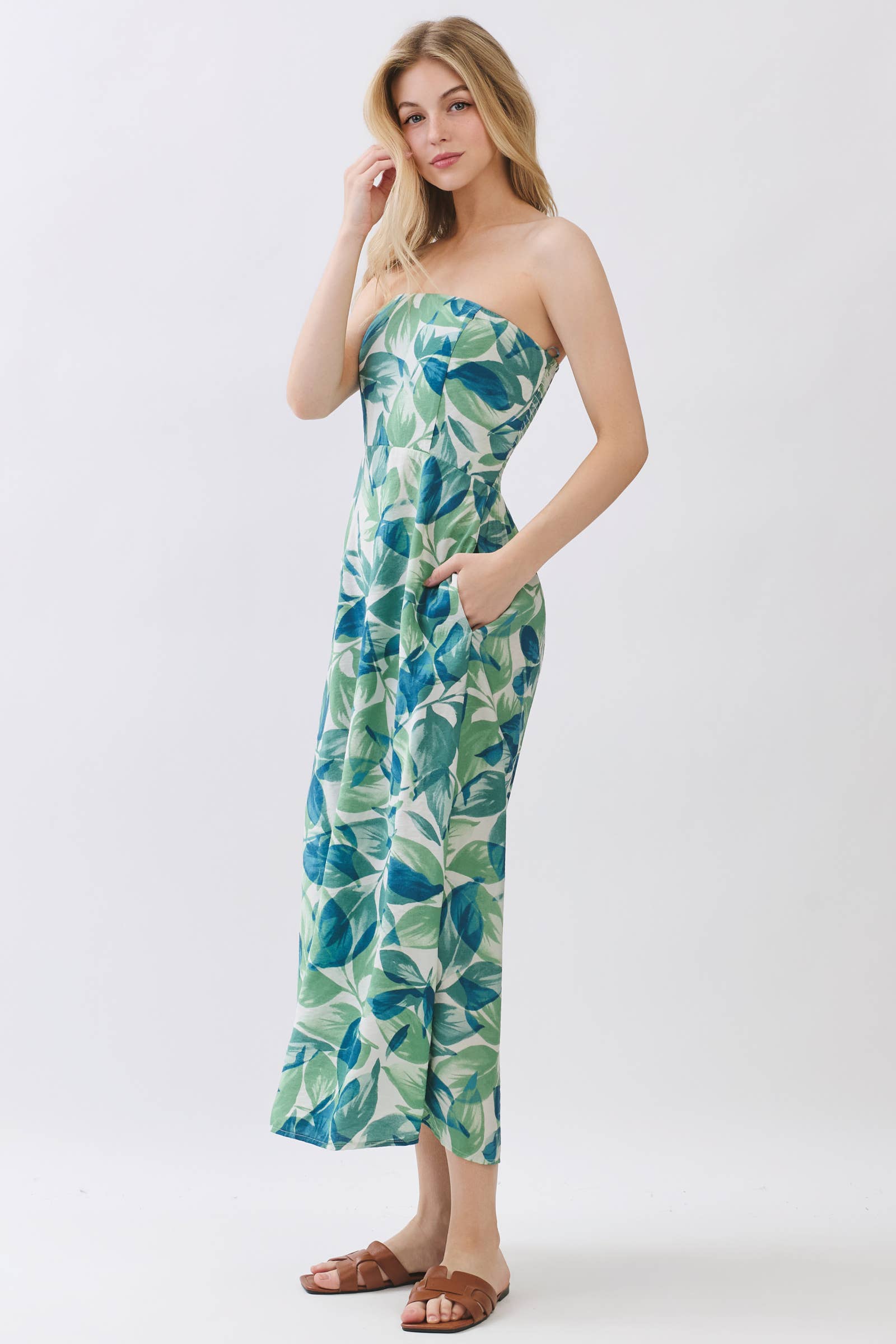 Leaf Print Tube Top Midi Dress