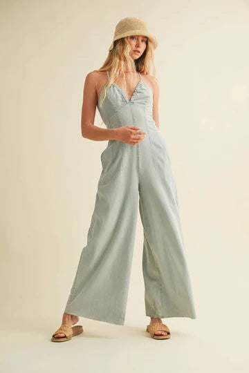 Denim Effect Tie Back Jumpsuit