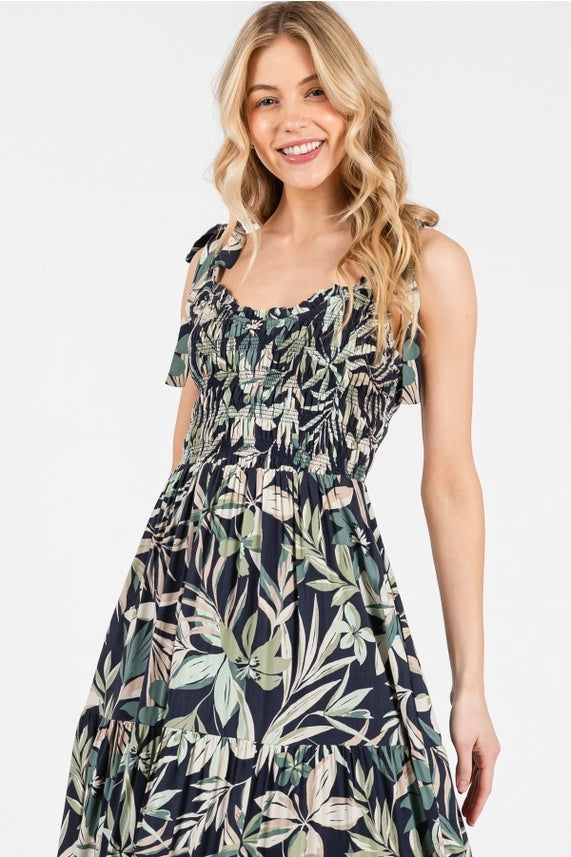 Smocked Tie Strap Midi Dress