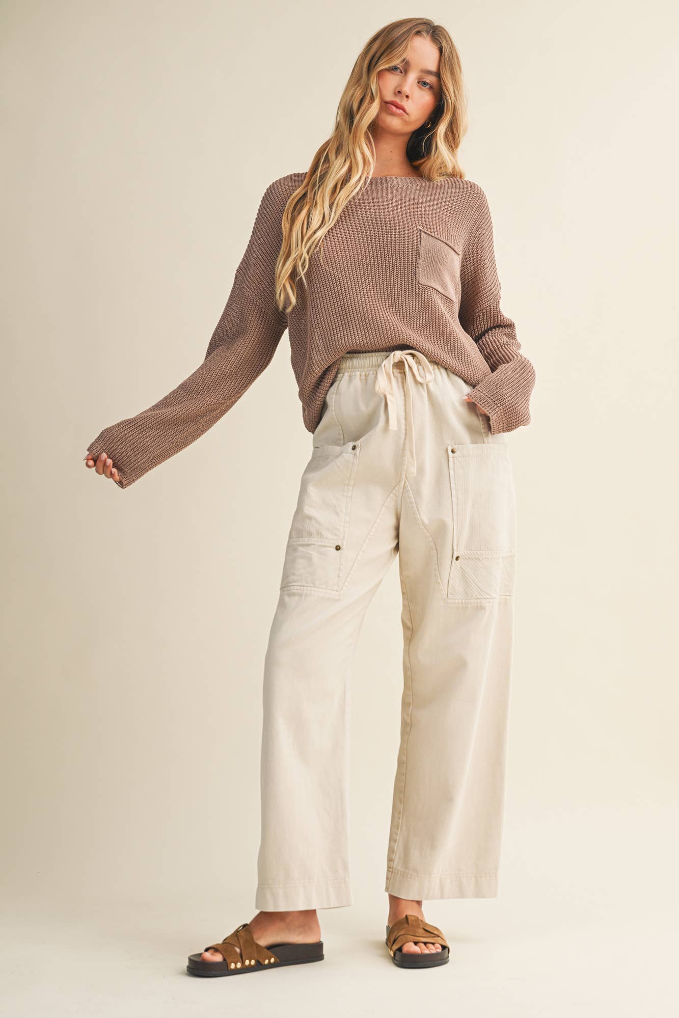 Drawstring Waist Wide Leg Utility Trouser