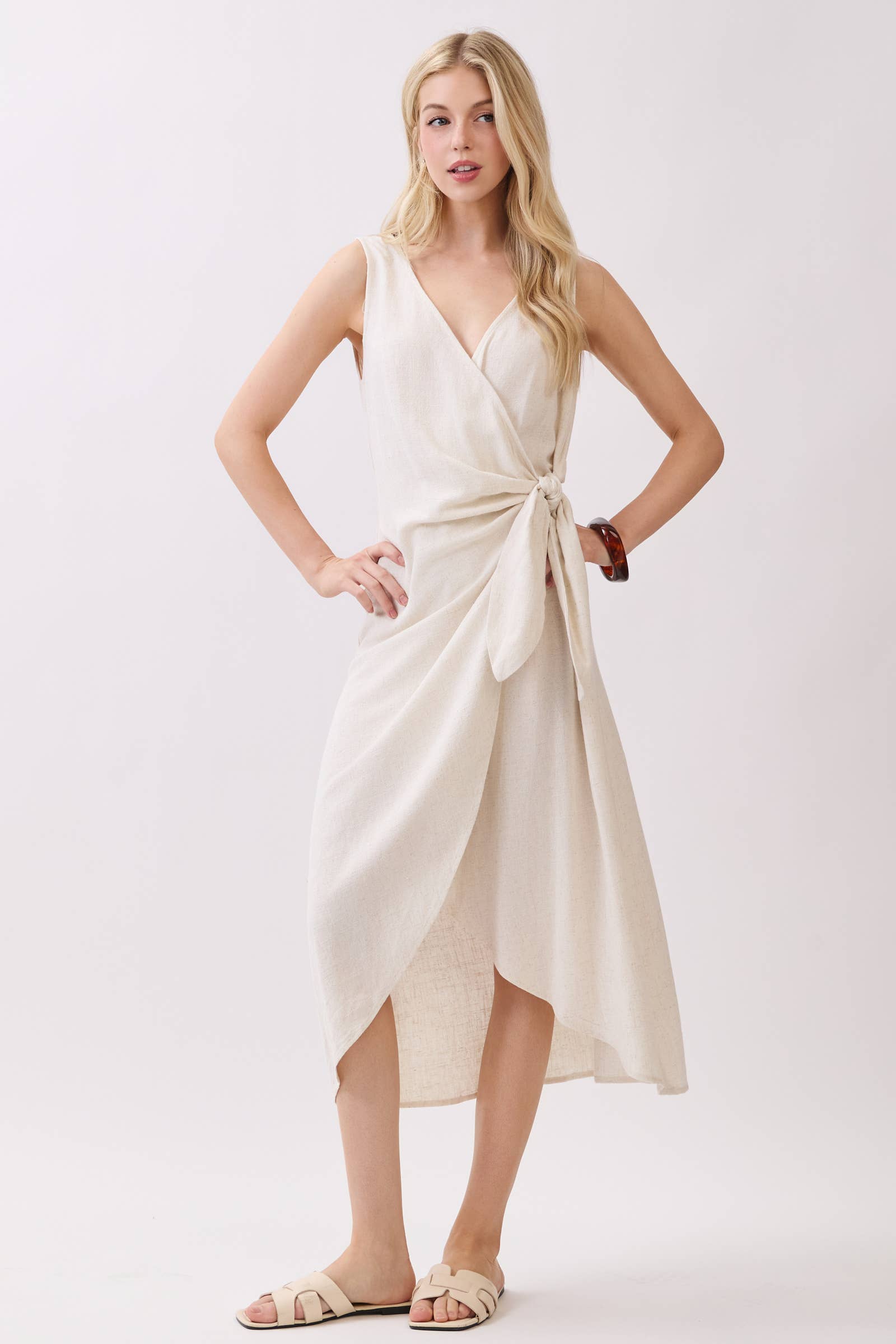 Linen Side Tie Midi Dress