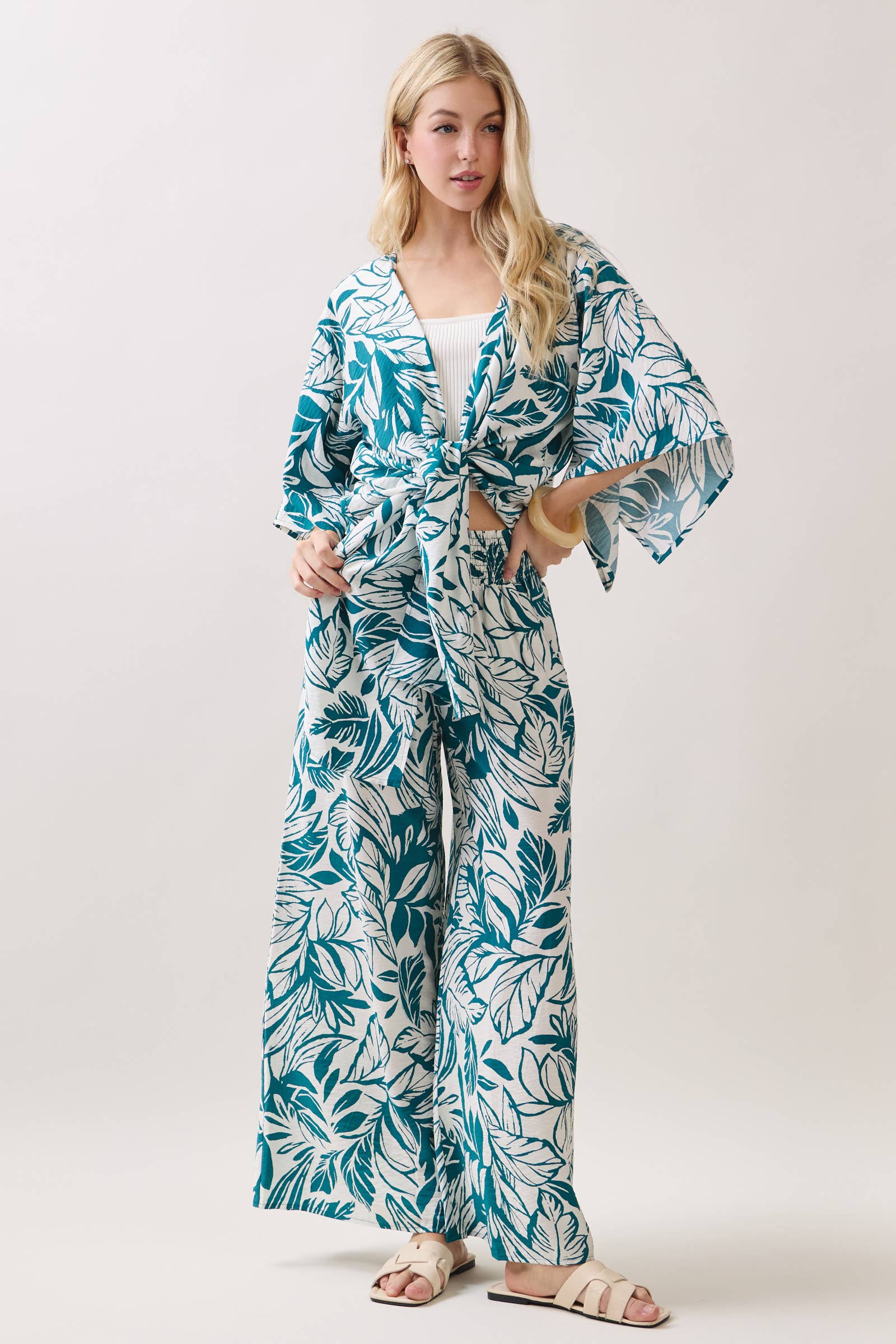 Leaf Print Smock Waist Pants