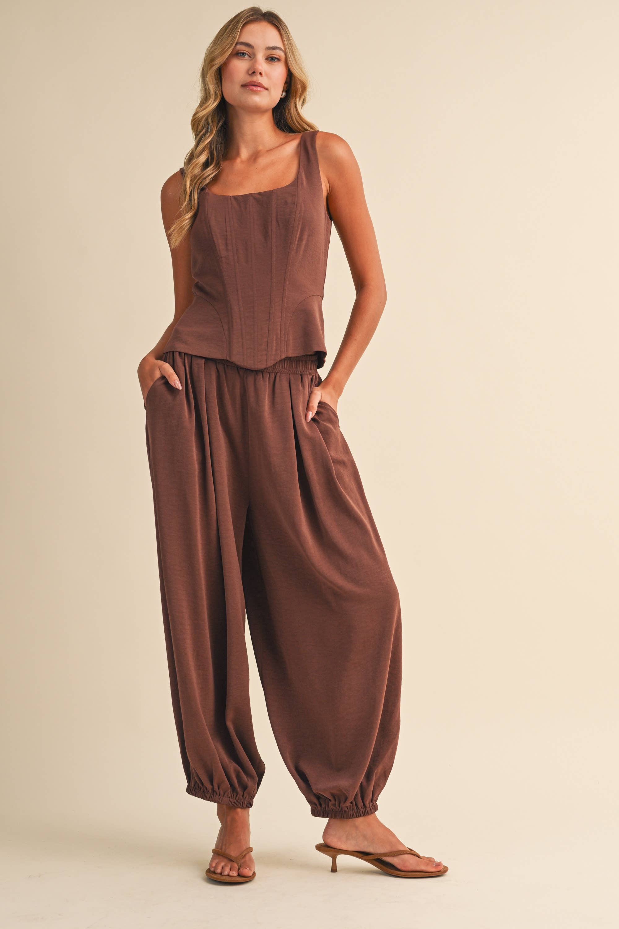 SATIN-LIKE STRUCTURE CORSET TOP AND BALLOON PANTS (sold separately)