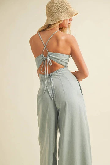 Denim Effect Tie Back Jumpsuit