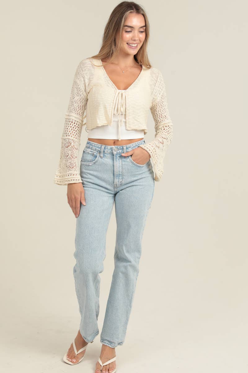 Crochet Flare Sleeve Tie Front Cardigan