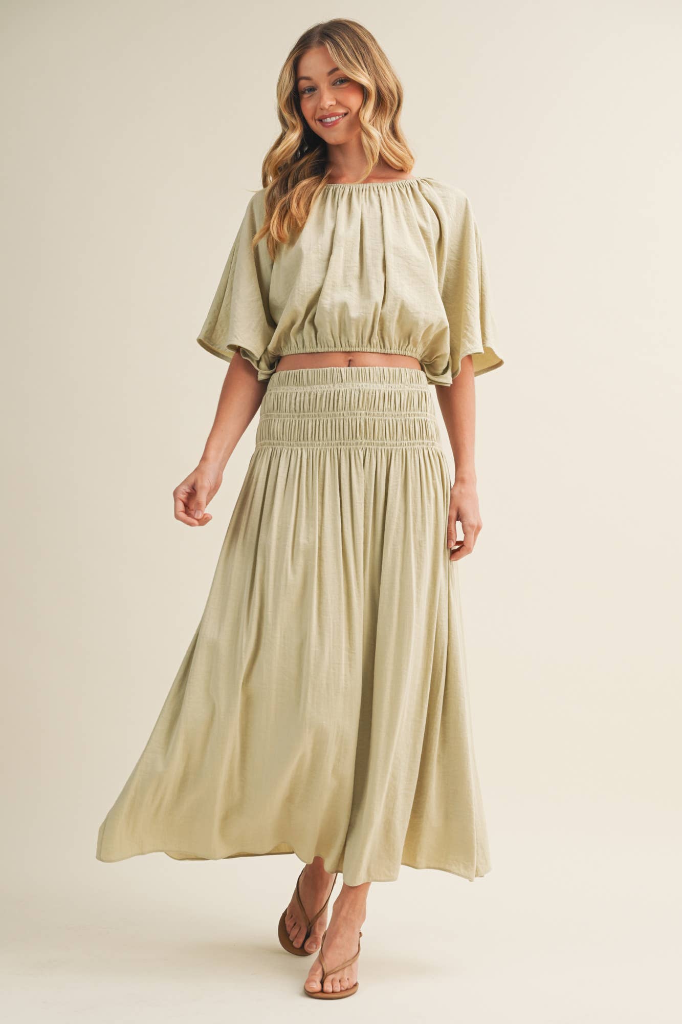 Shirred Waistband Voluminous Sleeve Blouse
