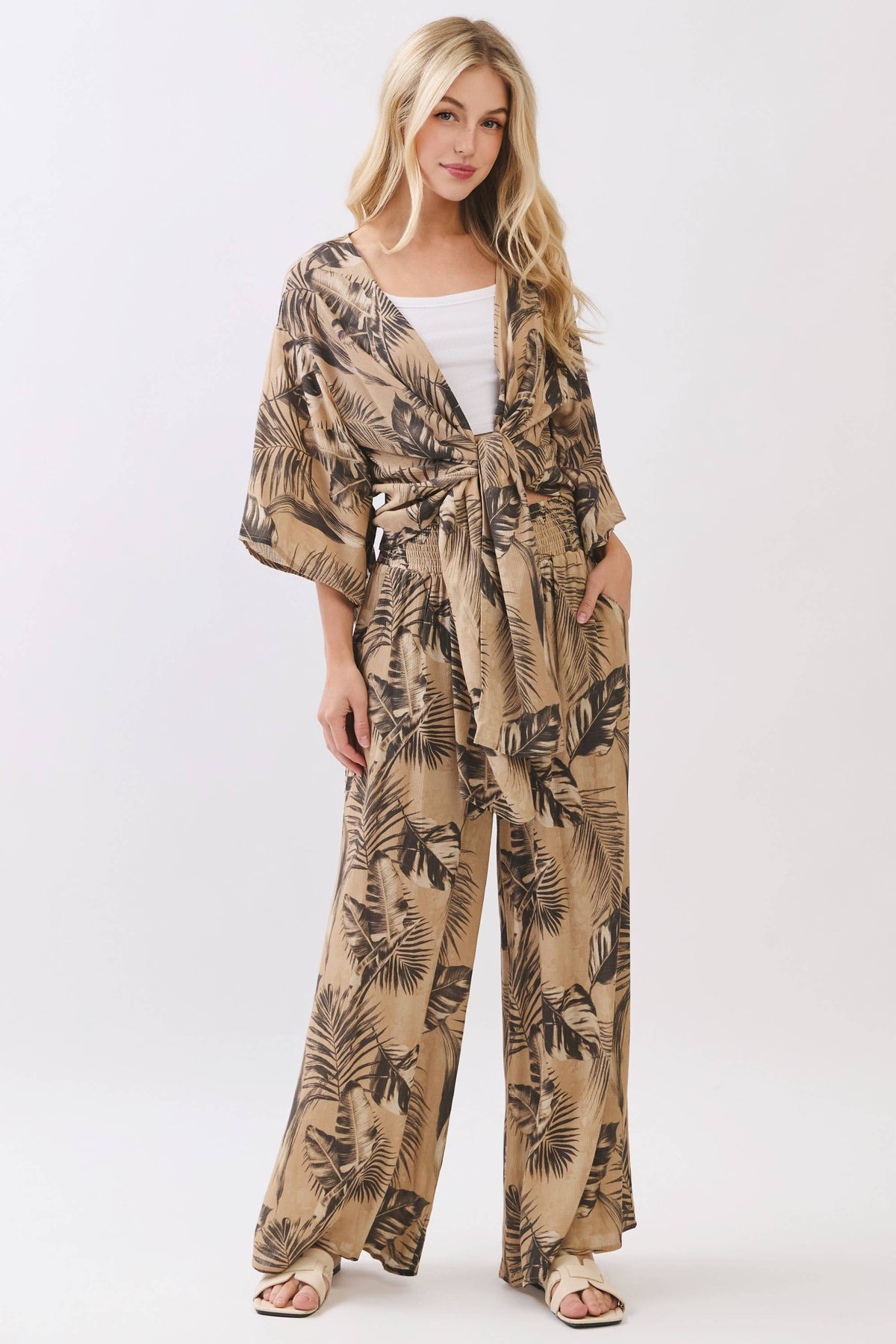 Leaf Print Smock Waist Pants