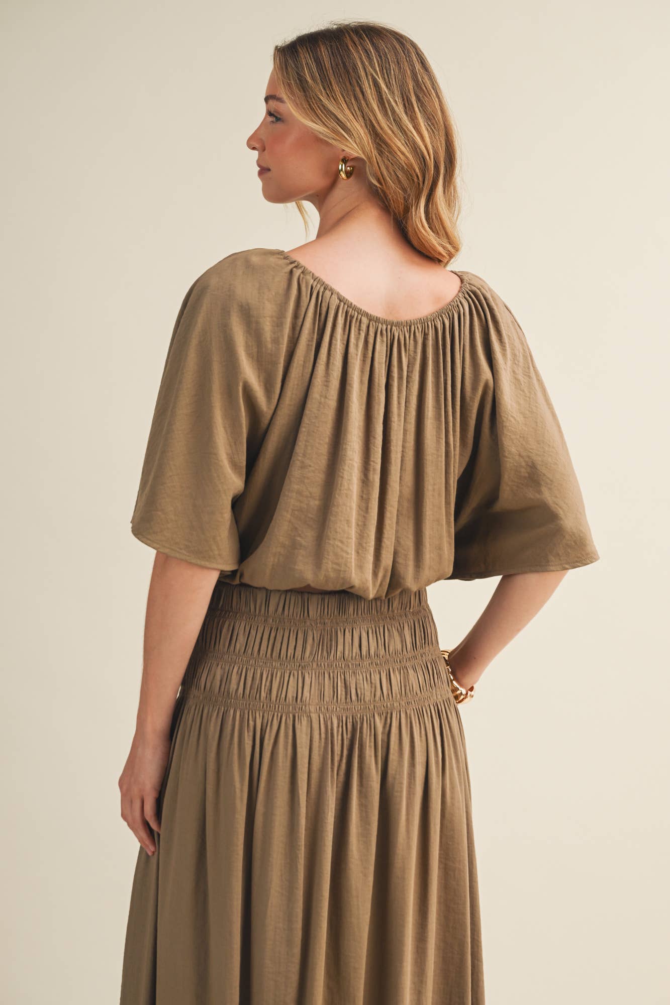 Shirred Waistband Voluminous Sleeve Blouse
