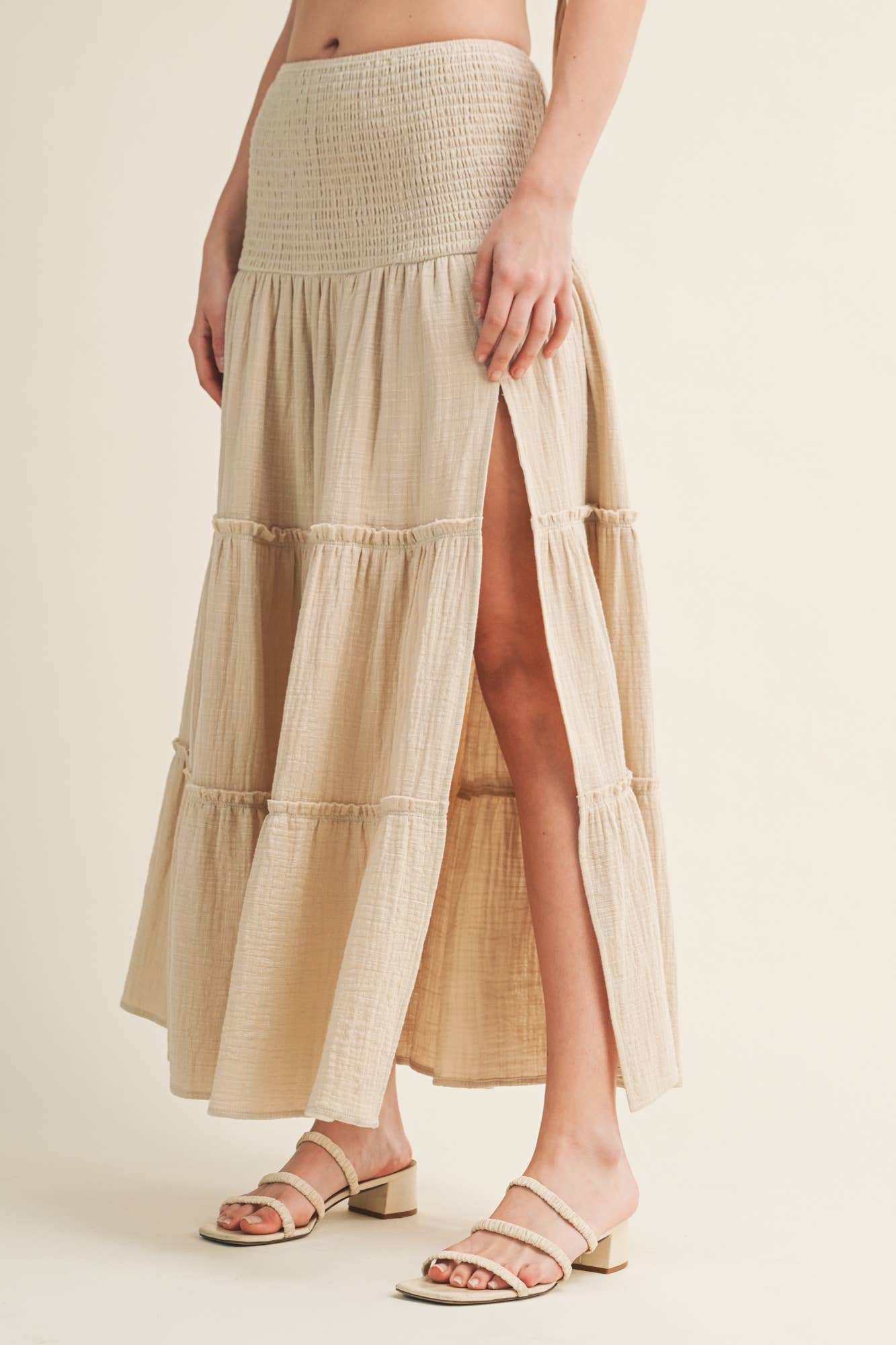 Smocked Waist High Slit Tiered Maxi
