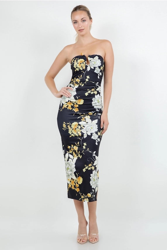 Floral Bodycon Midi Dress w/ Crystal Accent