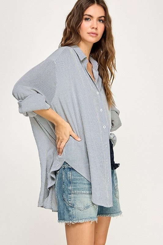 Striped Oversize Button Up Top