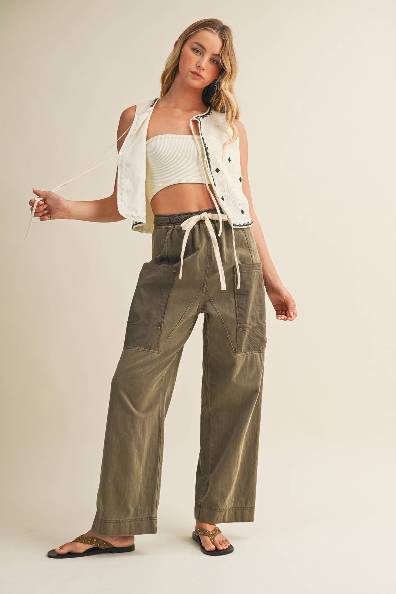 Drawstring Waist Wide Leg Utility Trouser