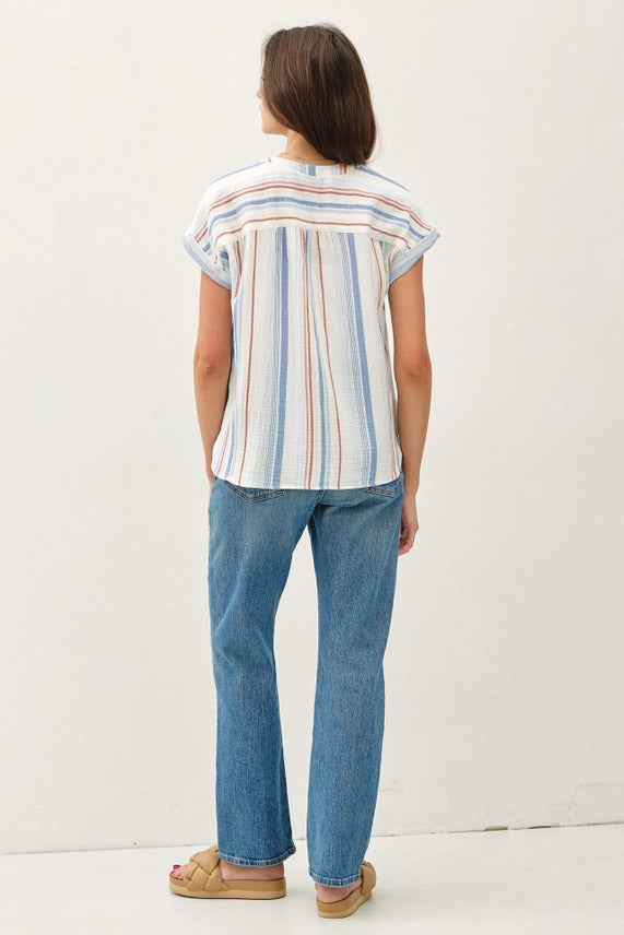 Gauzy Stripe Button Up Top