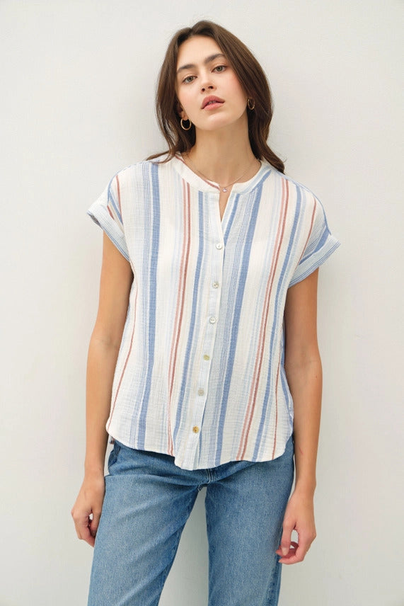 Gauzy Stripe Button Up Top