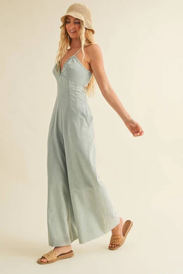 Denim Effect Tie Back Jumpsuit