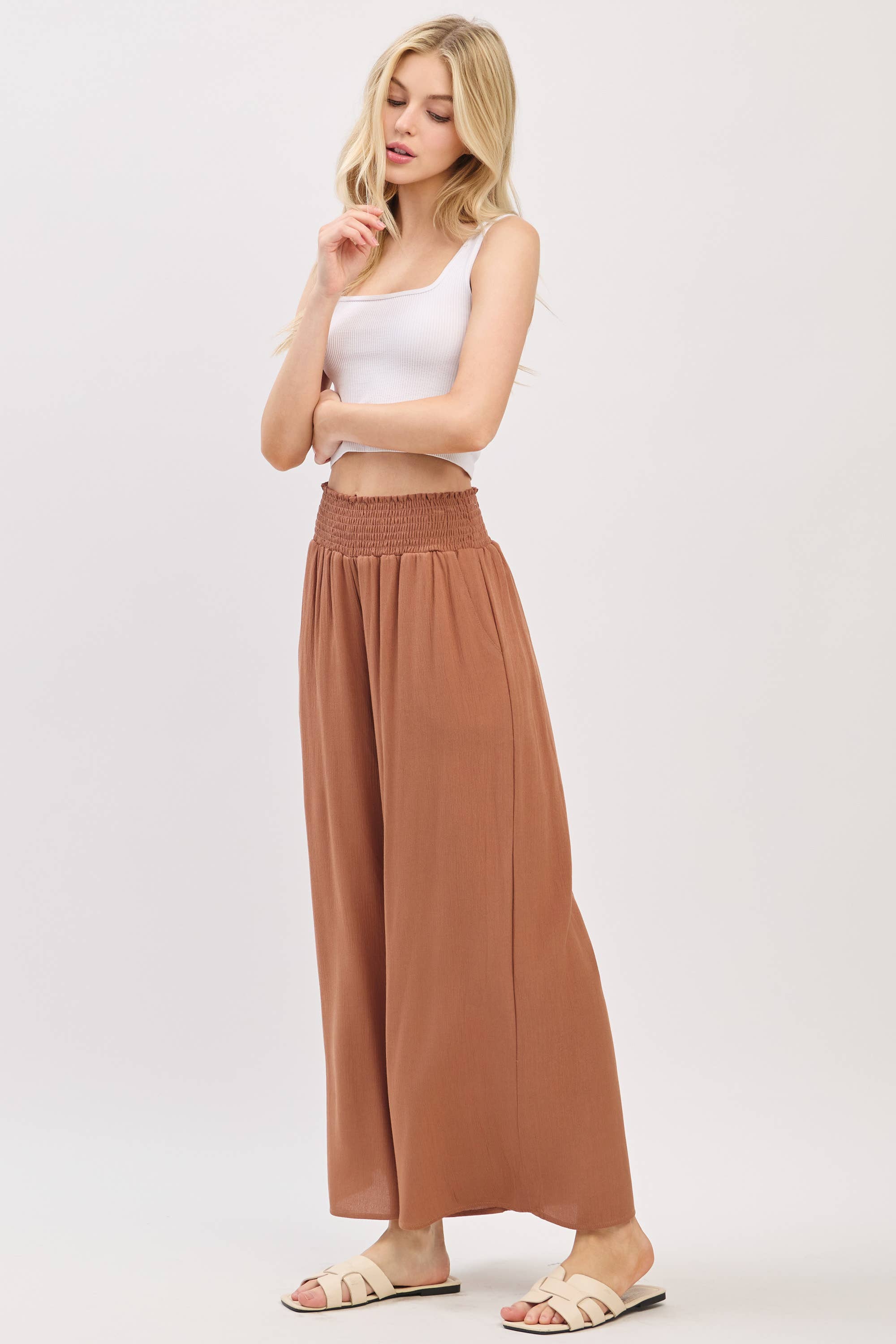 Waist Smocked Wide Leg Pants