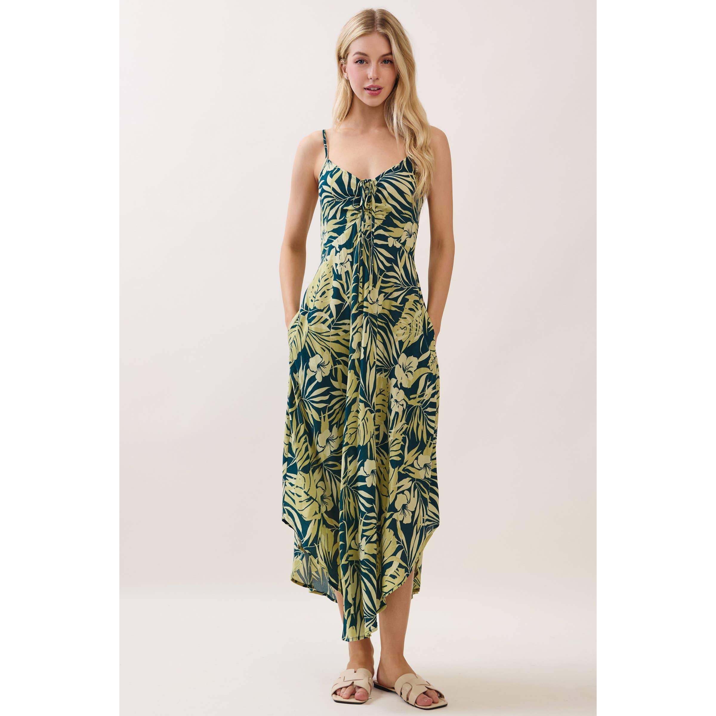 Tropical Ruche Bodice Midi Dress
