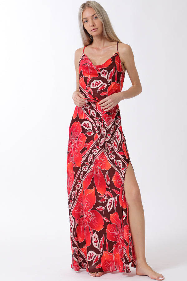 Cowl Neck Belted Slip Maxi Dress