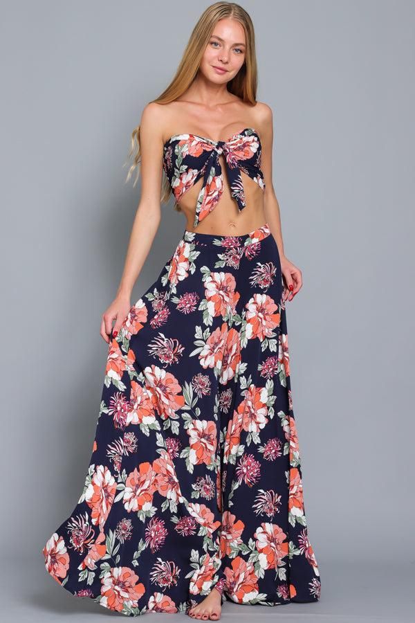 Floral Tie Bodice Top and Ultra Wide Leg Pant Set