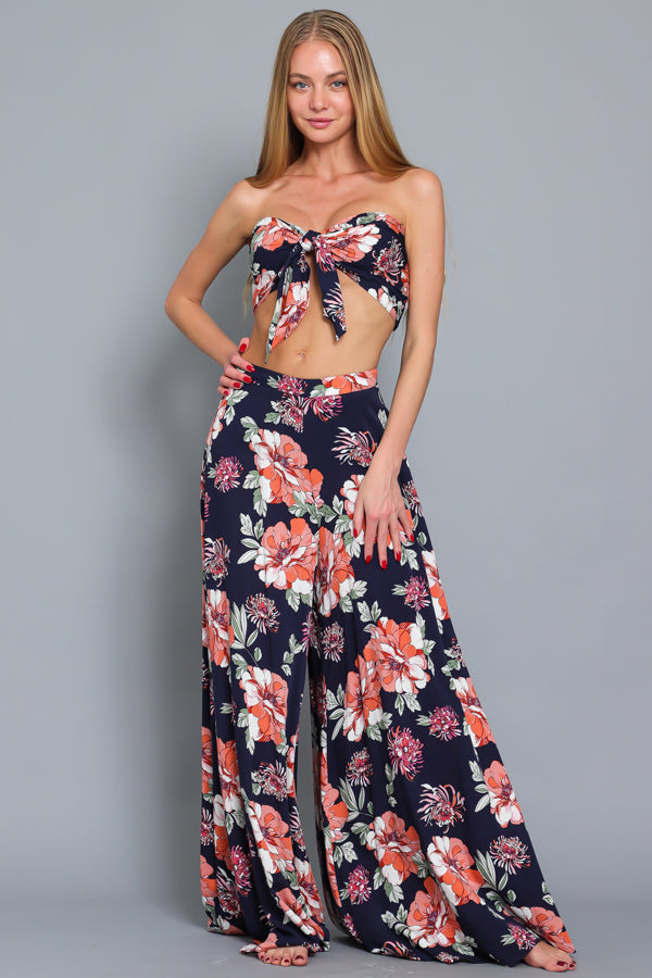 Floral Tie Bodice Top and Ultra Wide Leg Pant Set