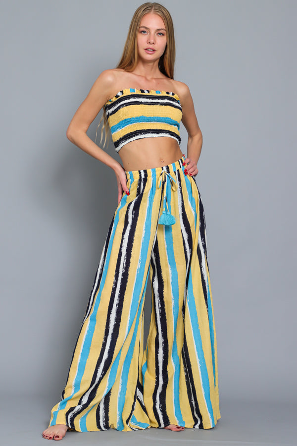 Striped Tube Top and Wide Leg Pants Set