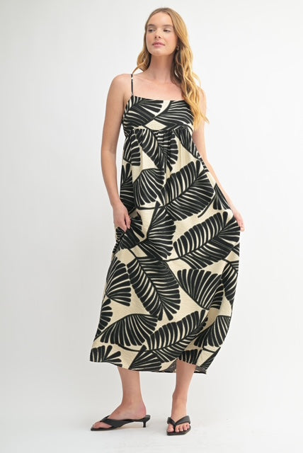 Leaf Print Baby Doll Maxi Dress