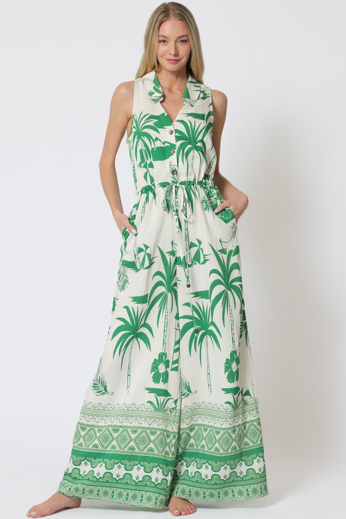 Palm Print Wide Leg Jumpsuit