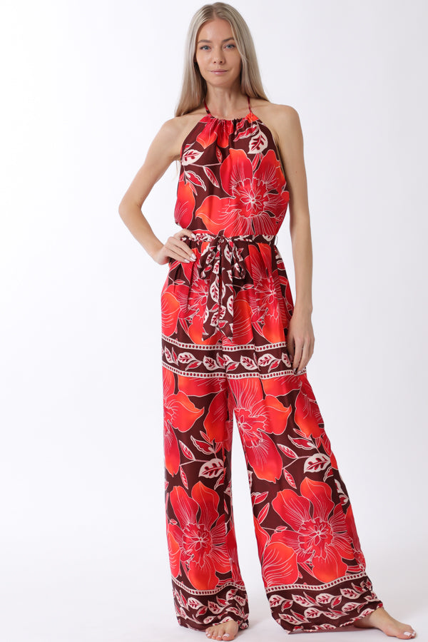 Open Back Belted Halter Jumpsuit