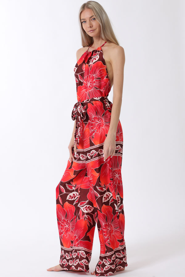 Open Back Belted Halter Jumpsuit