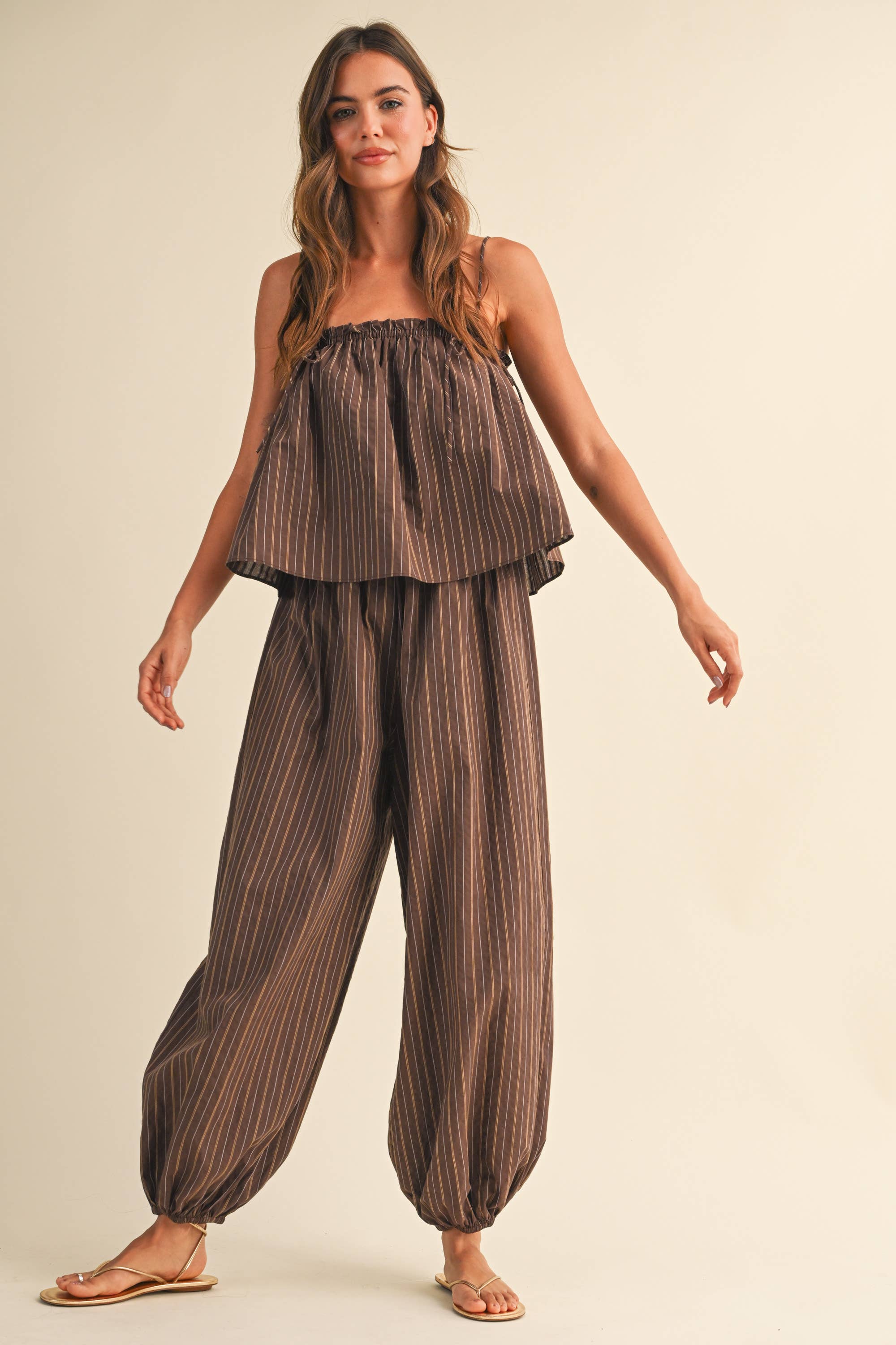 STRIPED SLEEVELESS FLOWY TOP BALLOON PANT JUMPSUIT