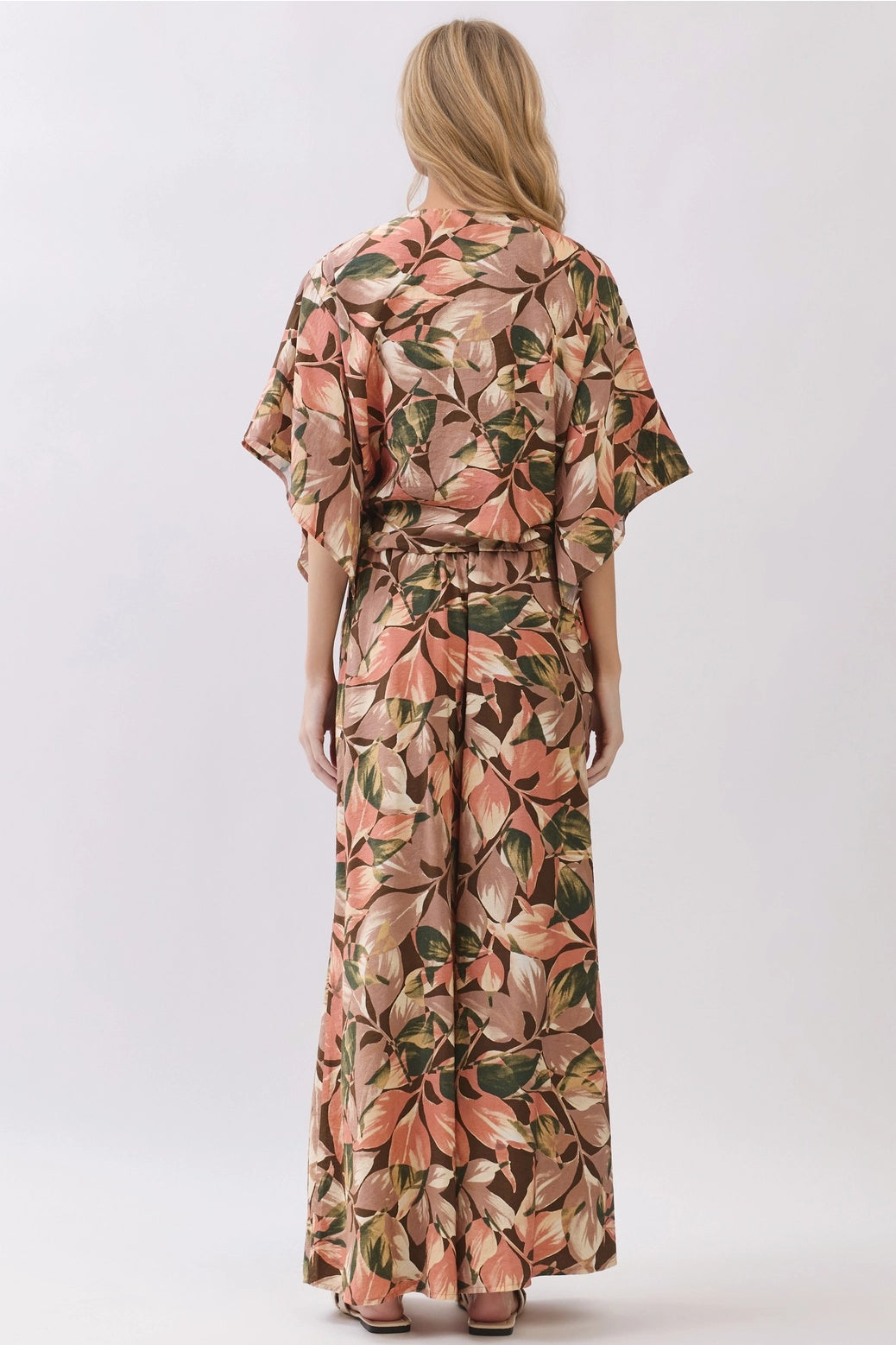 Leaf Print Drawstring Tie Waist Pants