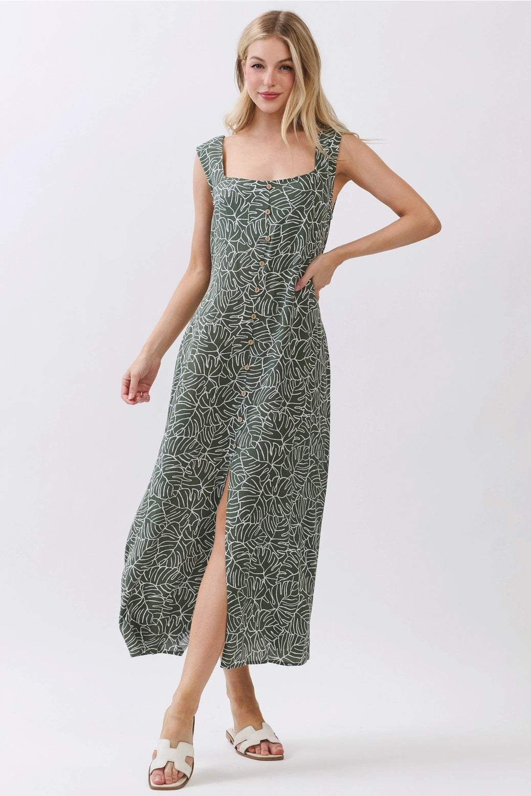 MONSTERA BUTTON DOWN MIDI DRESS