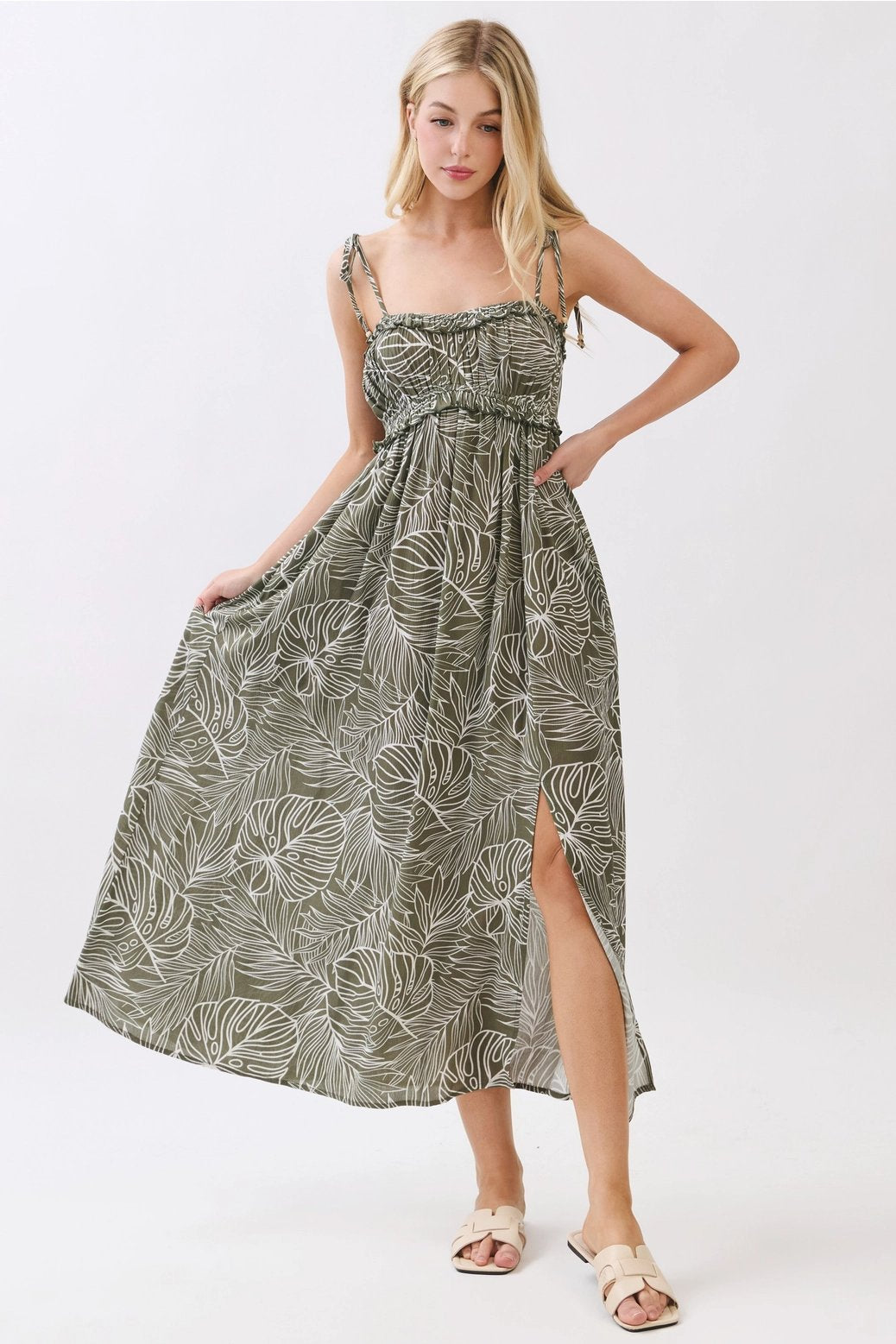 Monstera Tie Strap Midi Dress