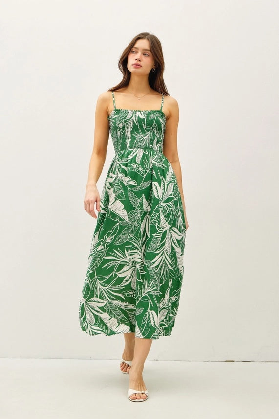 Smocked Leaf Print Midi Dress