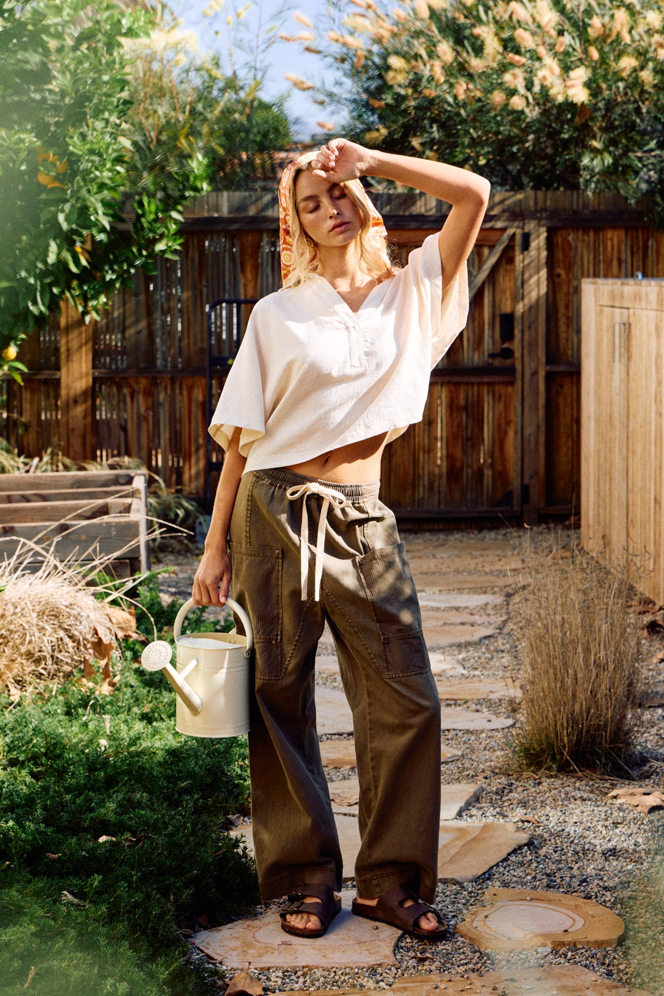 Drawstring Waist Wide Leg Utility Trouser