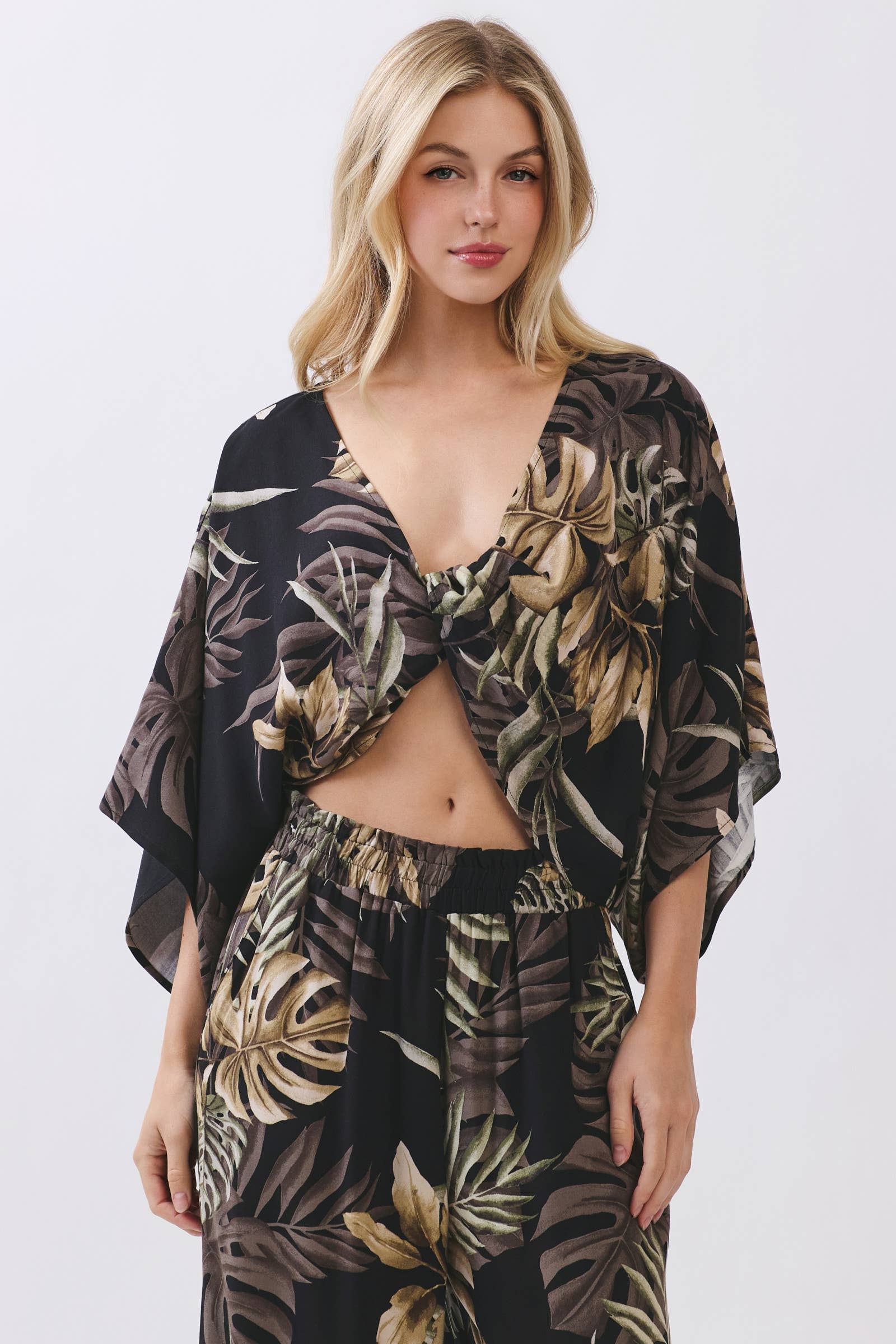 Monstera Twist Front Kimono Crop Top