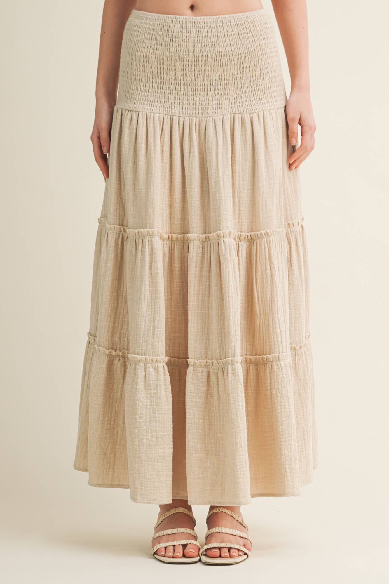 Smocked Waist High Slit Tiered Maxi