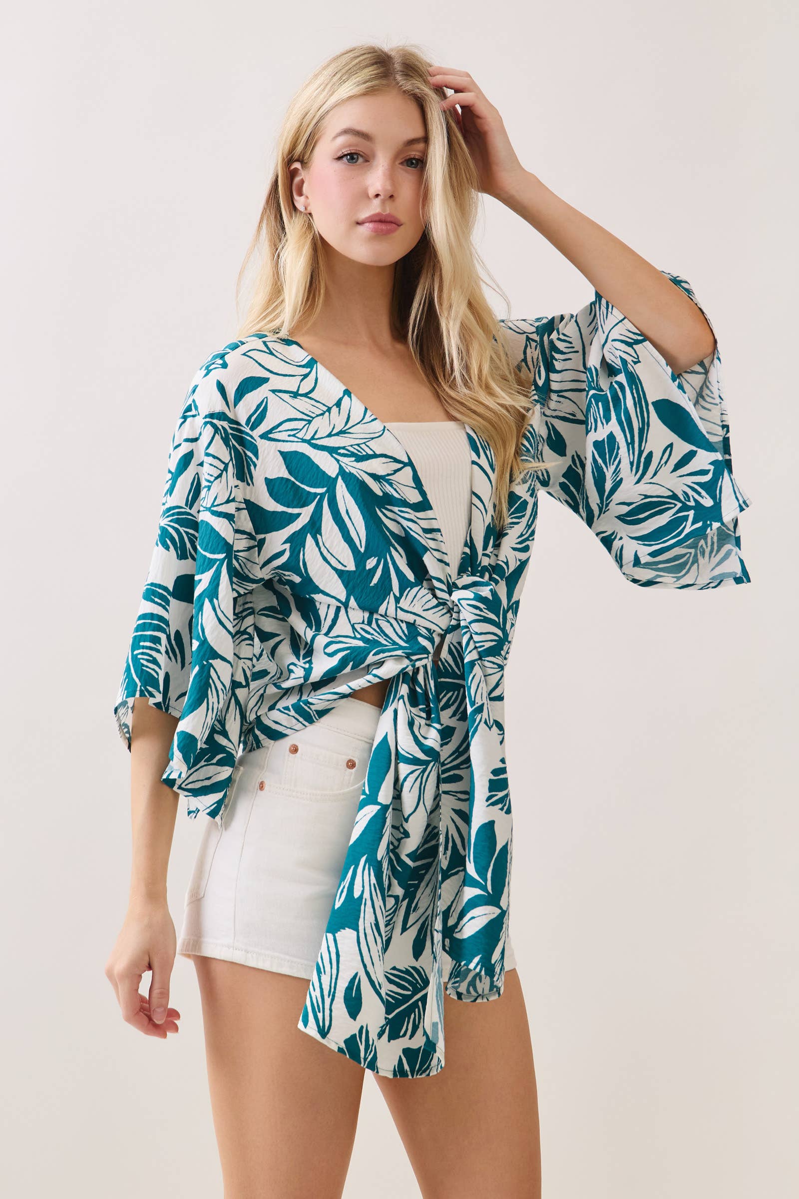 Tropical Print 3/4 Sleeve Tie Front Top