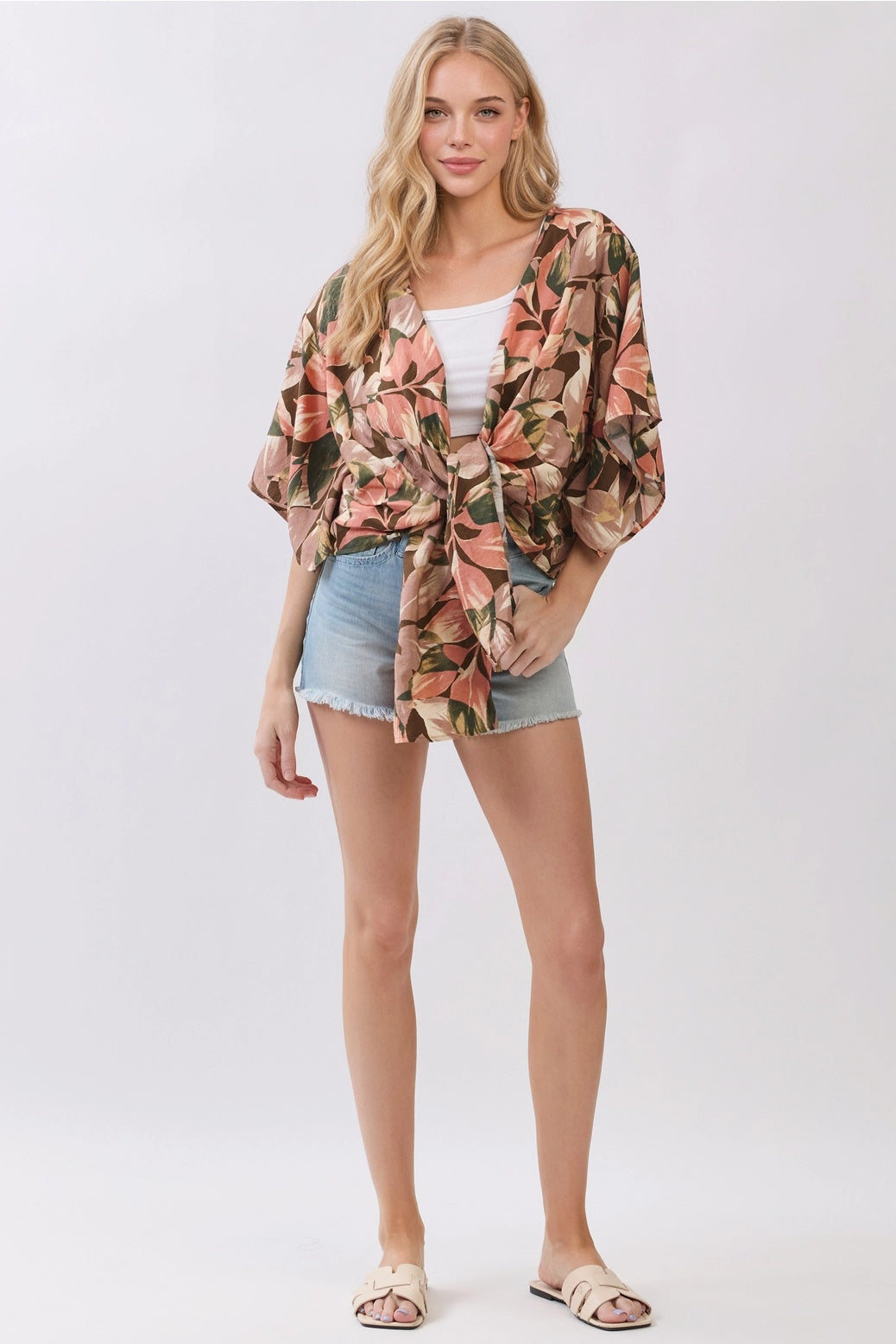 3/4 Sleeve Leaf Print Tie Front Cardigan