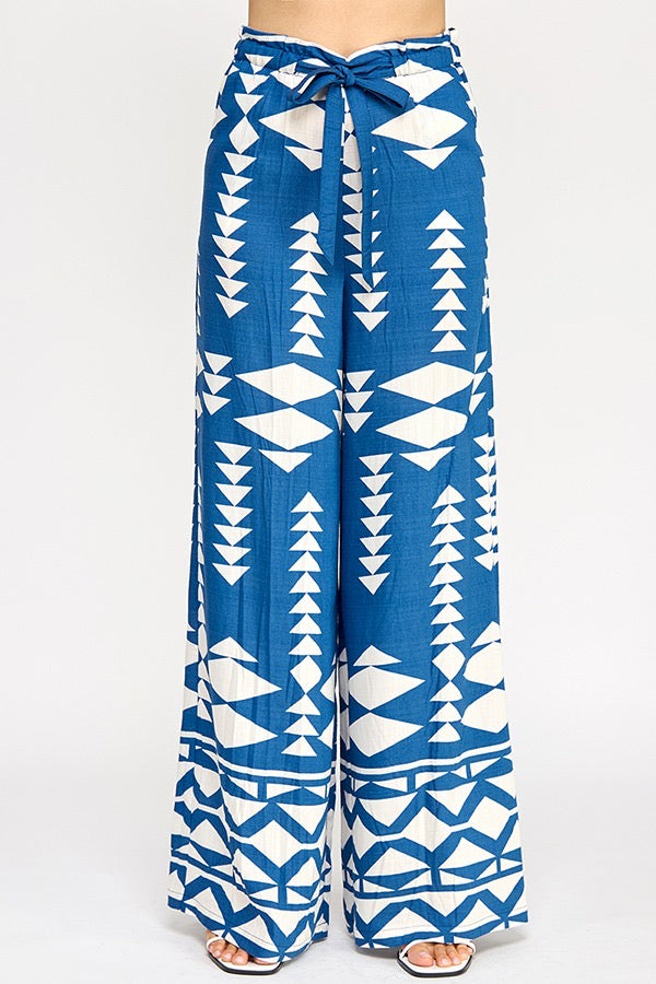 Border Print Tie Waist Pants