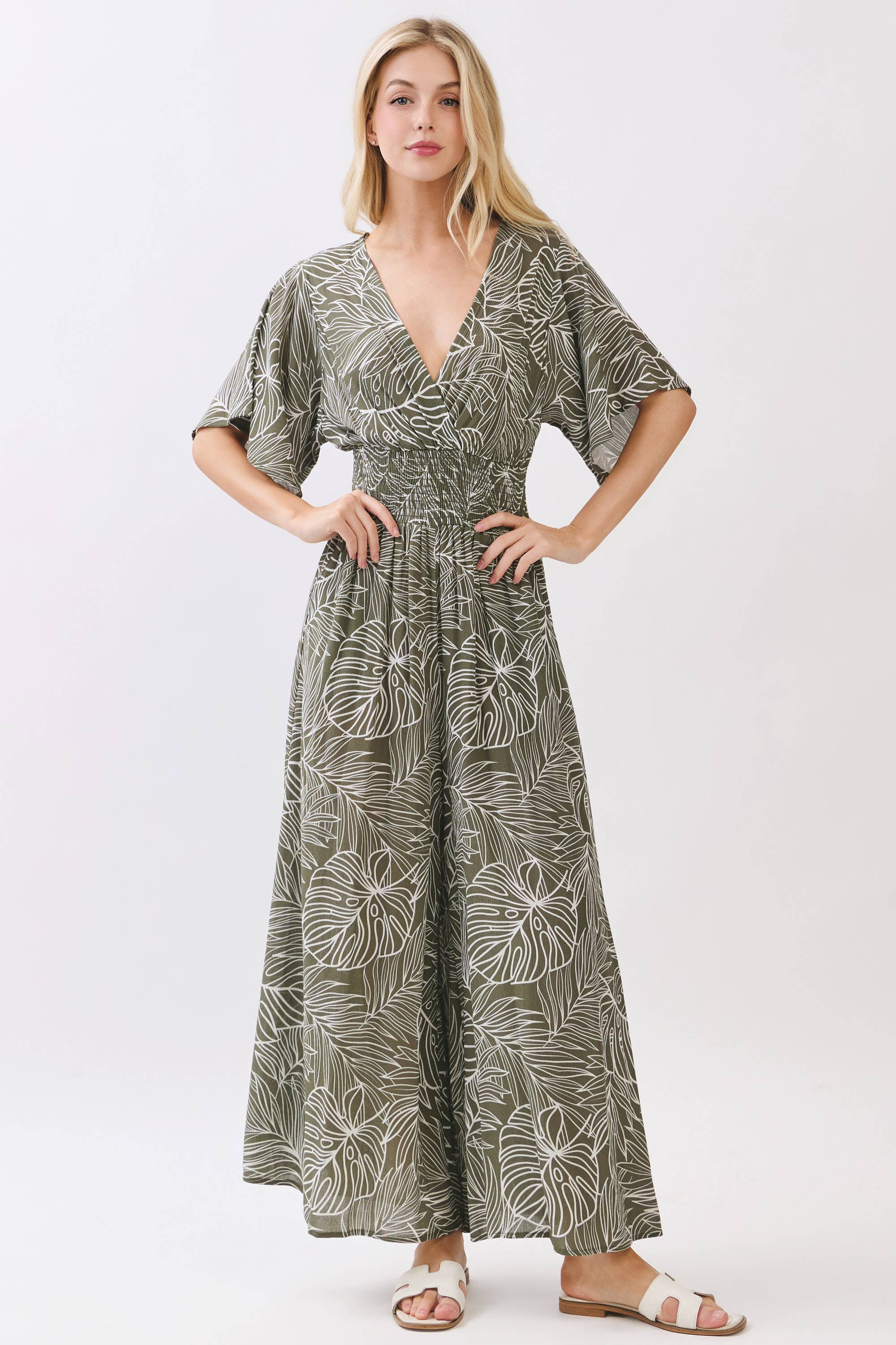 LEAF PRINT SURPLICE WIDE LEG JUMPSUIT